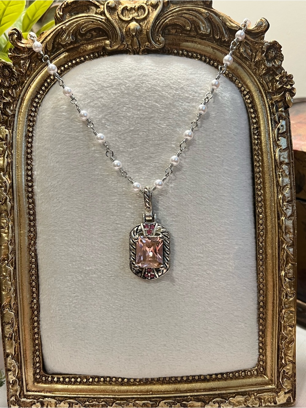 Pink Gemstone Pearl Chain Necklace in Silver-Tone Setting